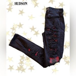 Hudson Black Distressed Skinny Jeans with Plaid Underlay size 26